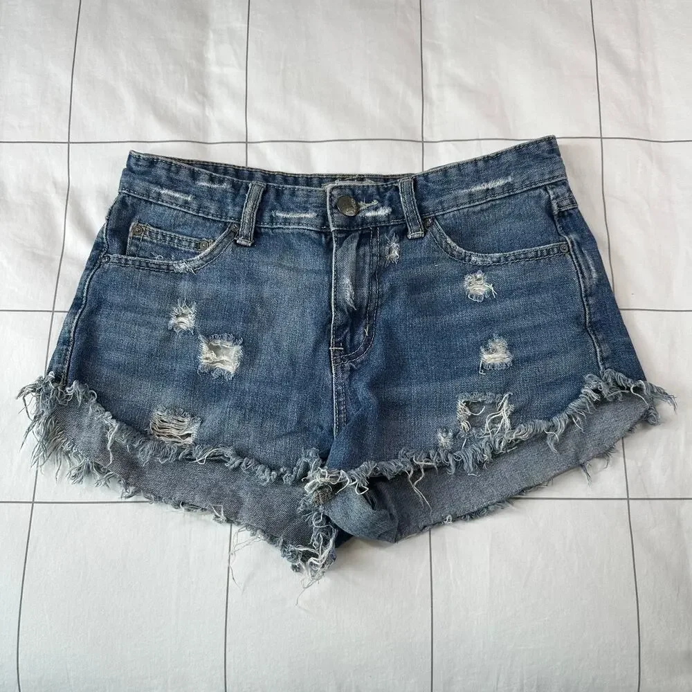 Free People Shorts Womens 27 Blue Denim Cut Off Distressed Raw Hem Boho Western